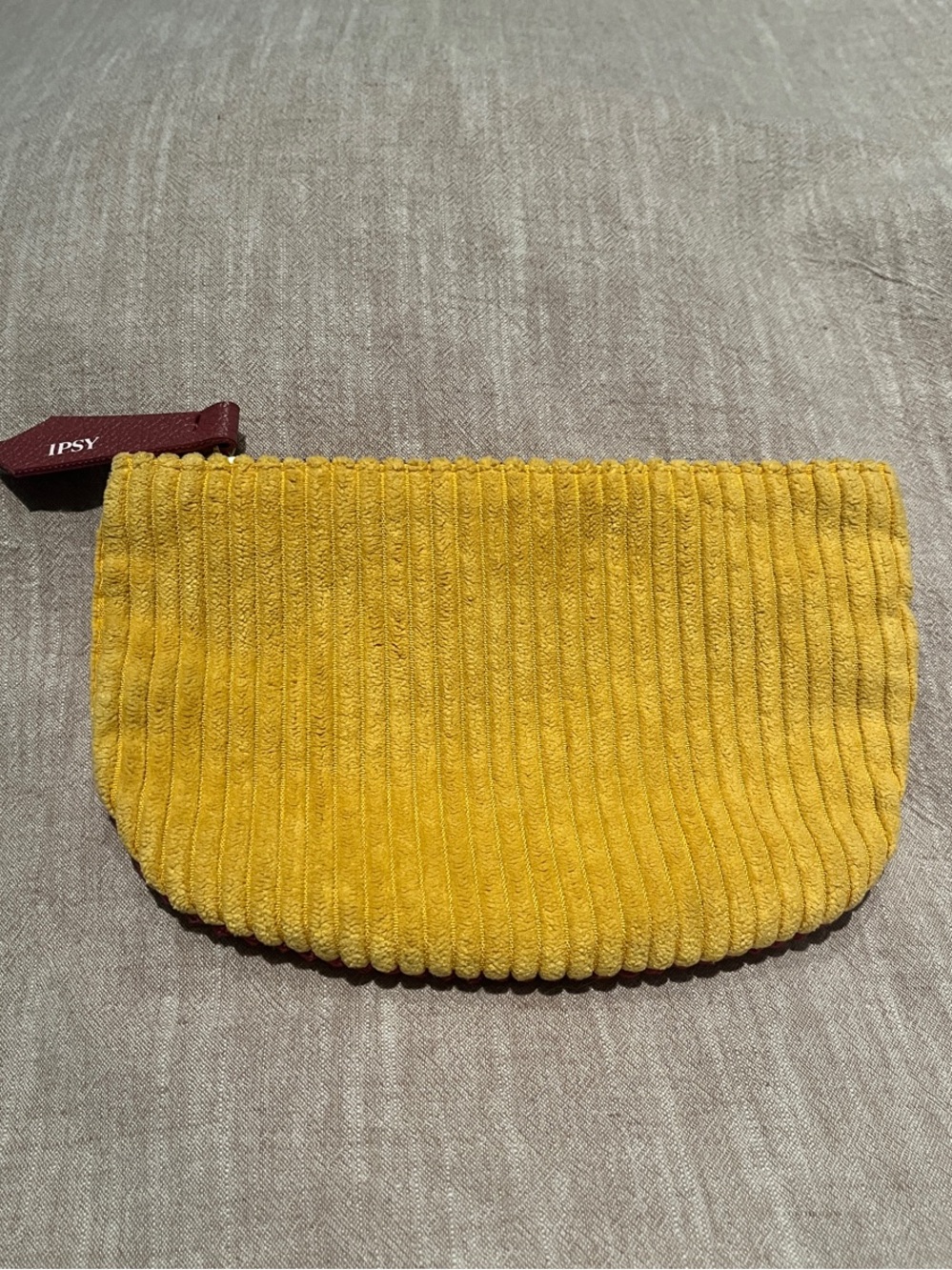ipsy Mustard Yellow & Red-Brown Ribbed Corduroy Makeup Pouch